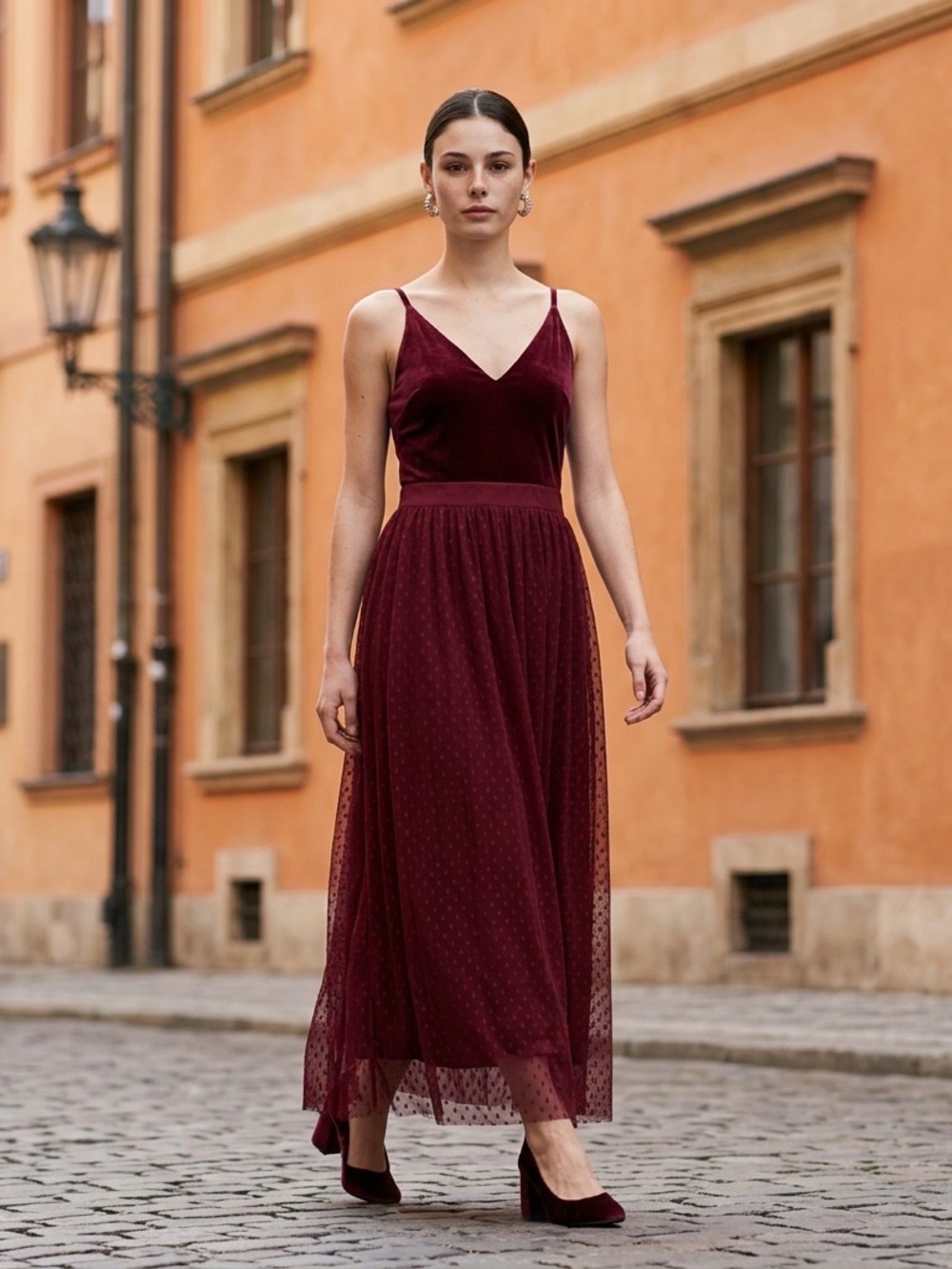 Express Burgundy Velvet Bodice Swiss Dot Tulle Midi Dress Size XS